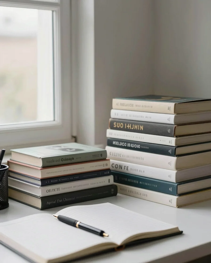 Clean organized home office reading corner with stacked books, notebook, open fountain pen, soft morning window light, e